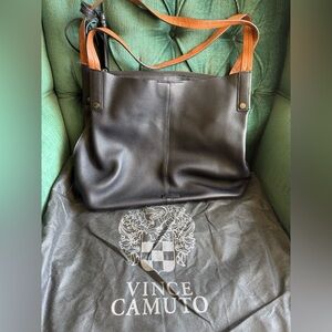 VINCE CAMITO Black & Brown Leather Tote with Duster